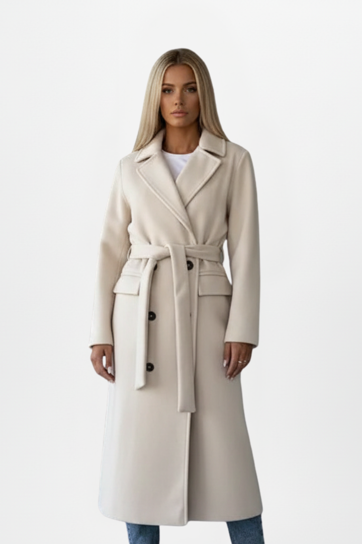 Manteau long pour femmes avec ceinture et devant à double boutonnage
