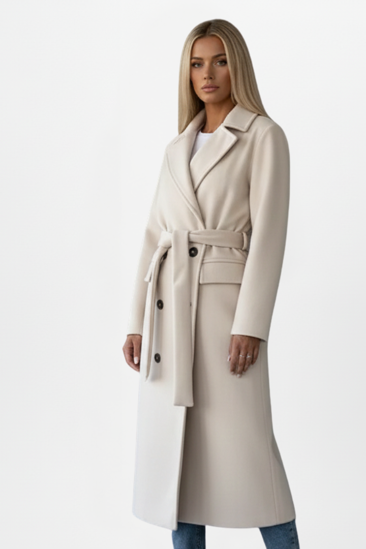 Manteau long pour femmes avec ceinture et devant à double boutonnage