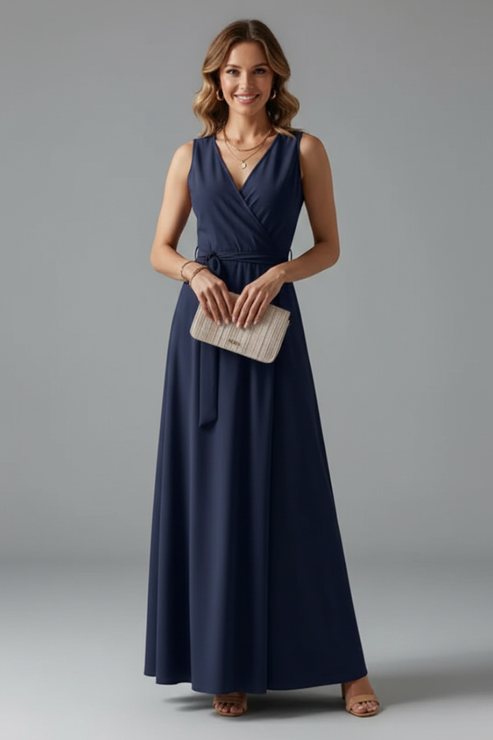 Robe Longue Femme avec Décolleté en V et Sans Manches