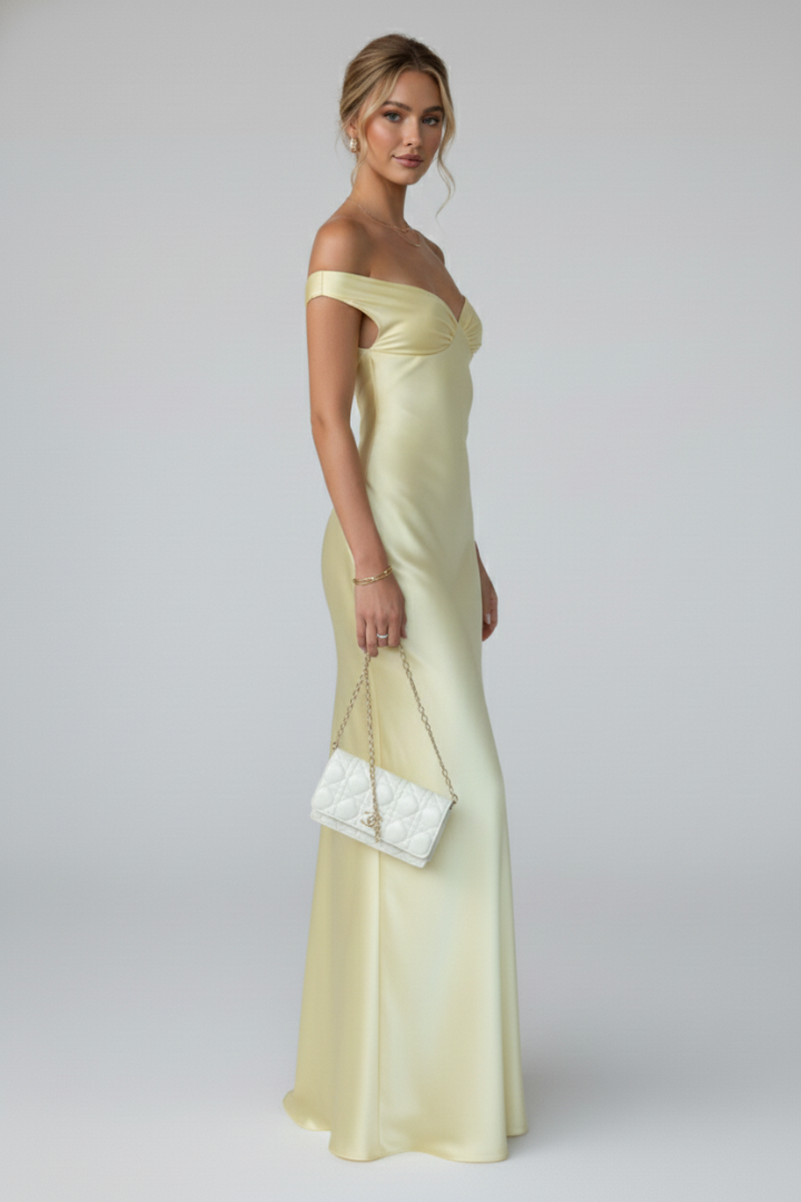 Robe Maxi Femme avec Encolure Bardot et Haut Ajusté