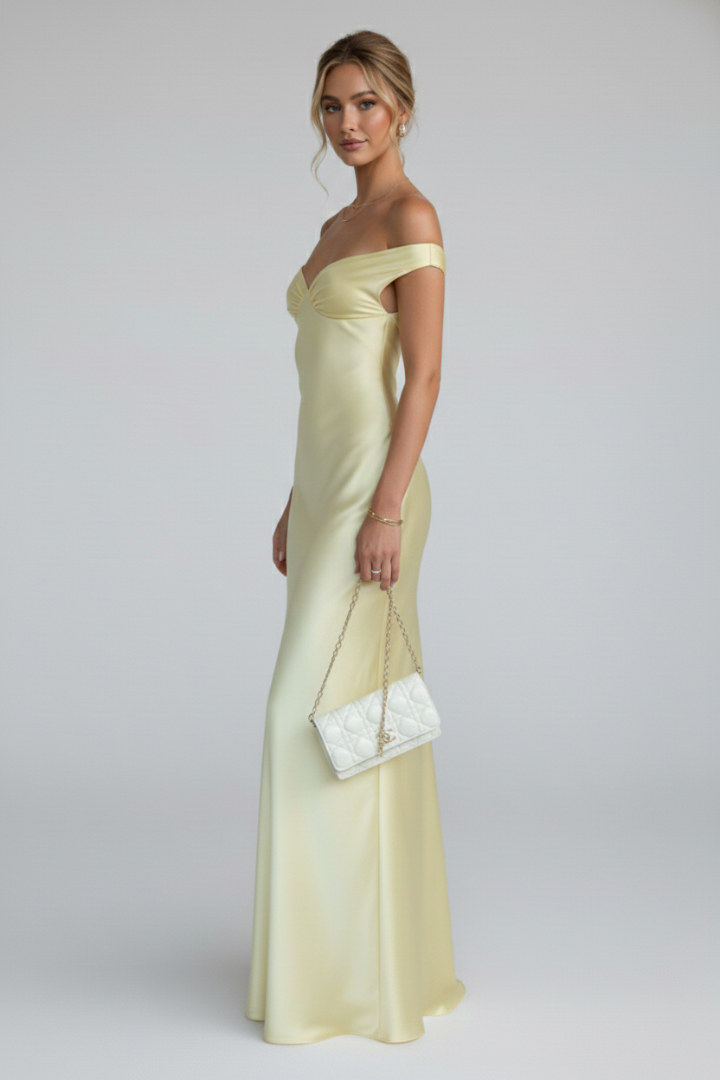 Robe Maxi Femme avec Encolure Bardot et Haut Ajusté