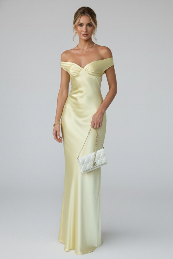 Robe Maxi Femme avec Encolure Bardot et Haut Ajusté