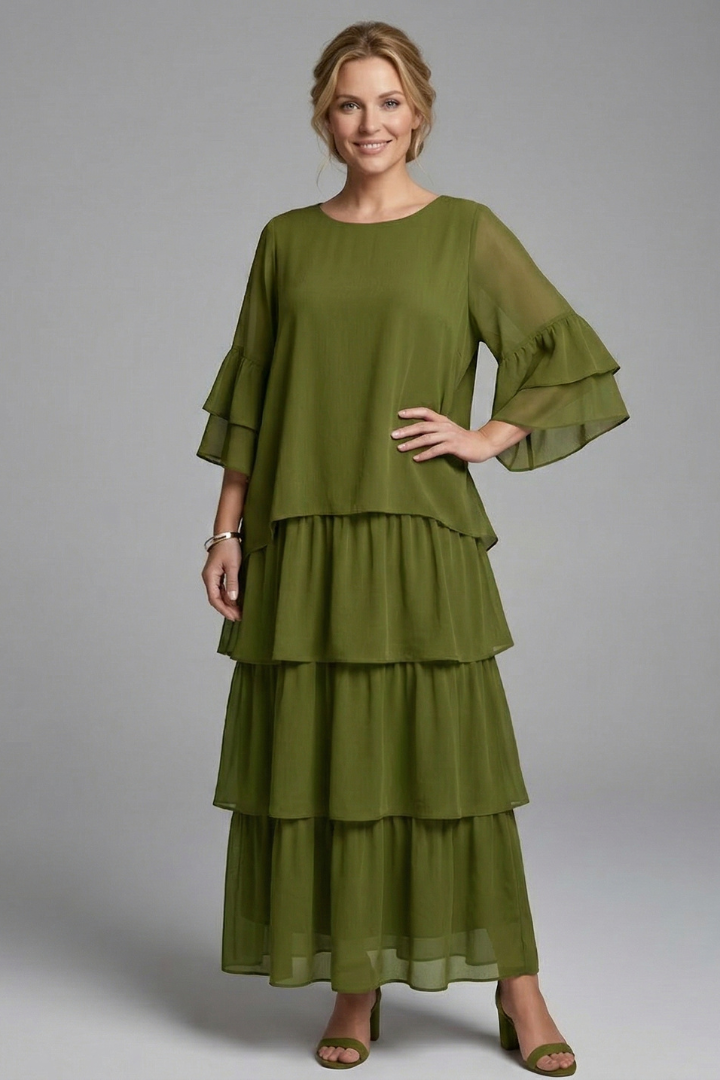 Robe Maxi Femme avec Col Rond et Jupe Superposée