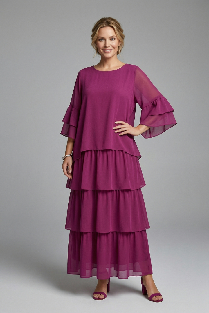 Robe Maxi Femme avec Col Rond et Jupe Superposée