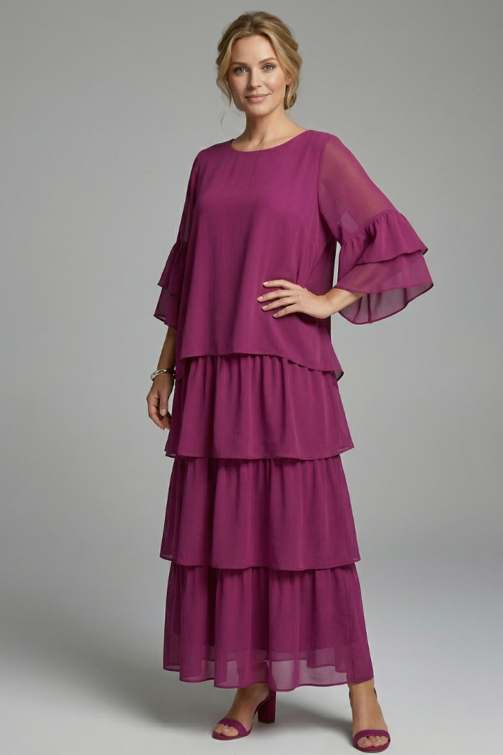 Robe Maxi Femme avec Col Rond et Jupe Superposée