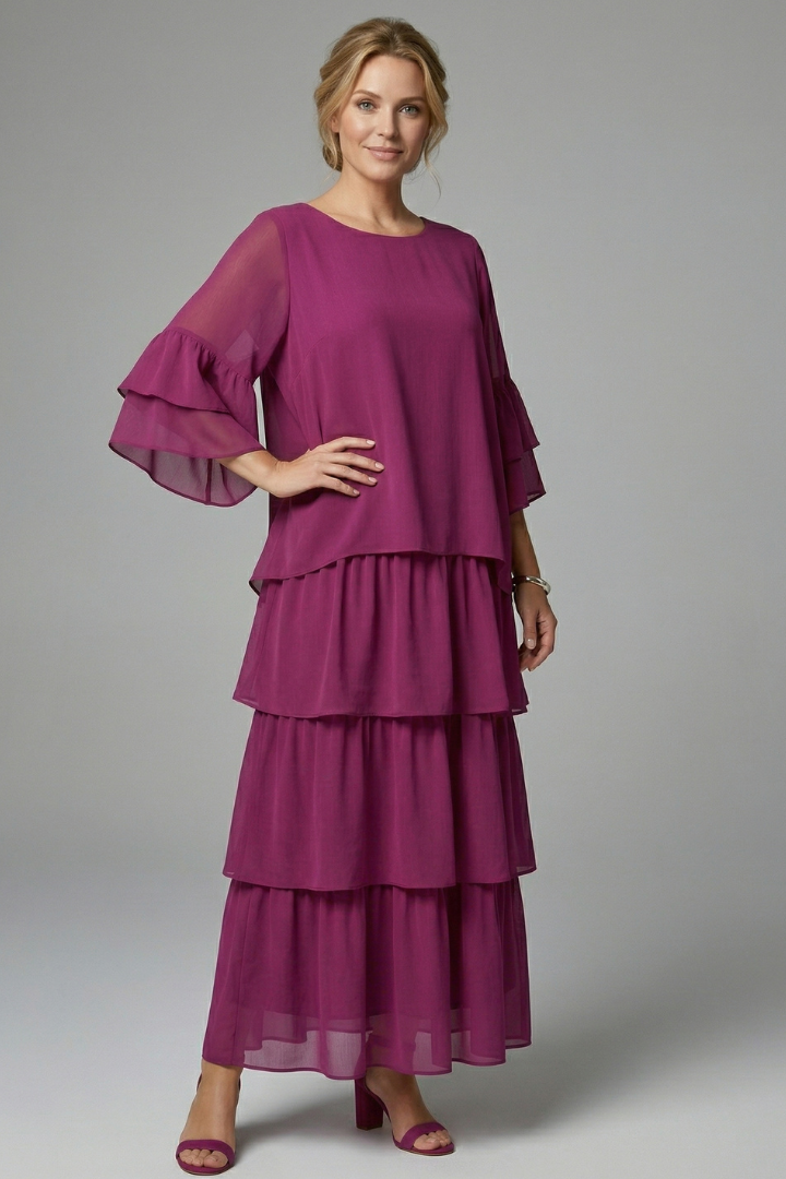 Robe Maxi Femme avec Col Rond et Jupe Superposée