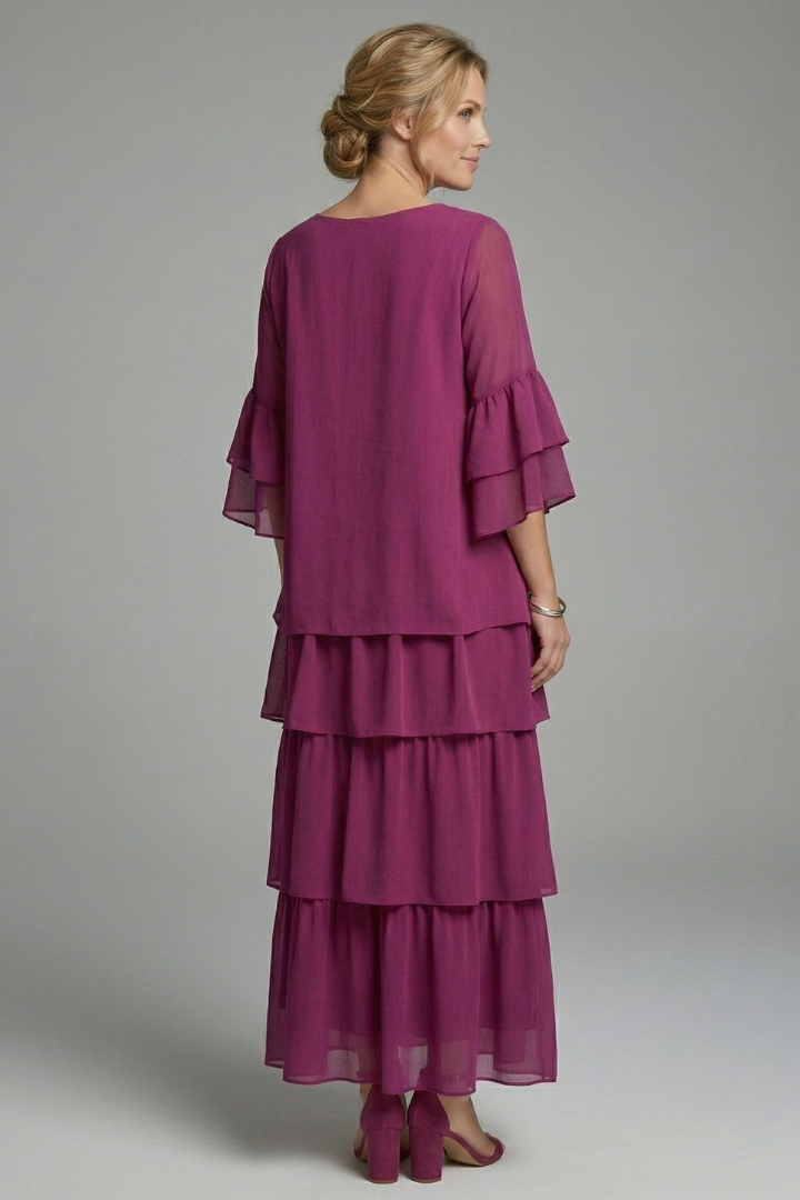Robe Maxi Femme avec Col Rond et Jupe Superposée
