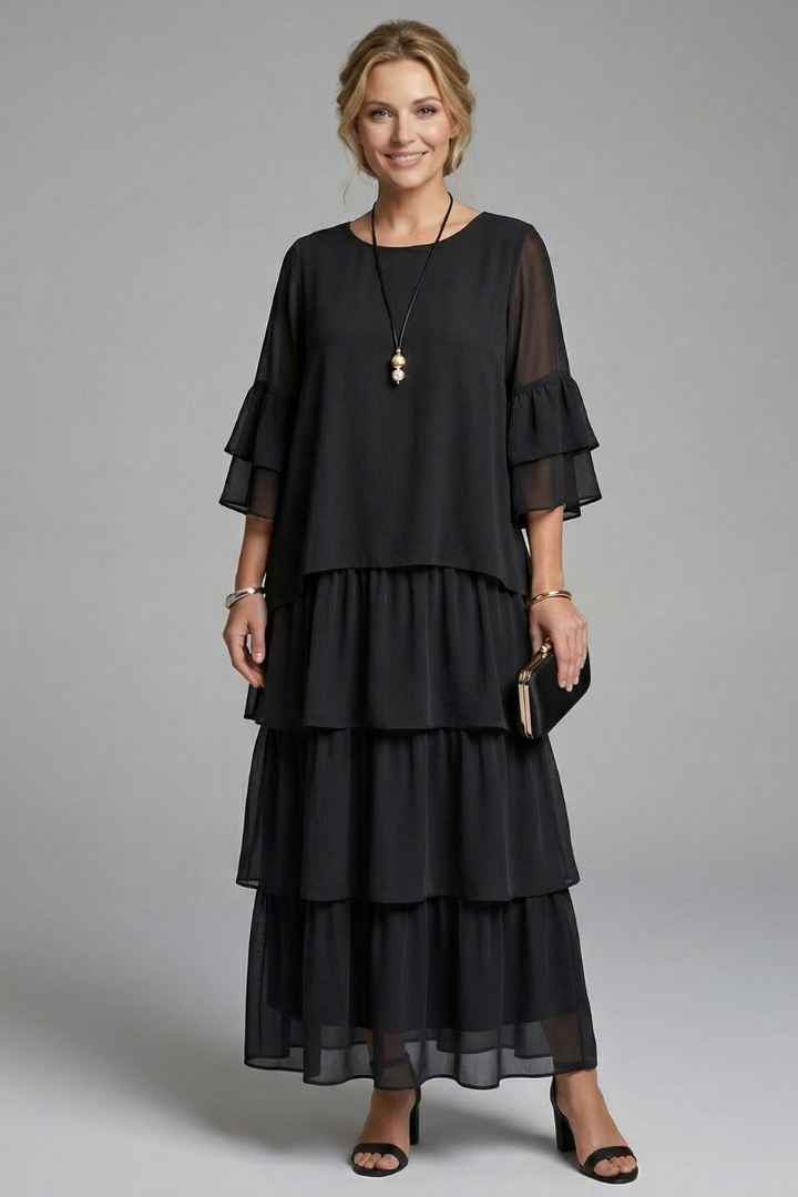 Robe Maxi Femme avec Col Rond et Jupe Superposée