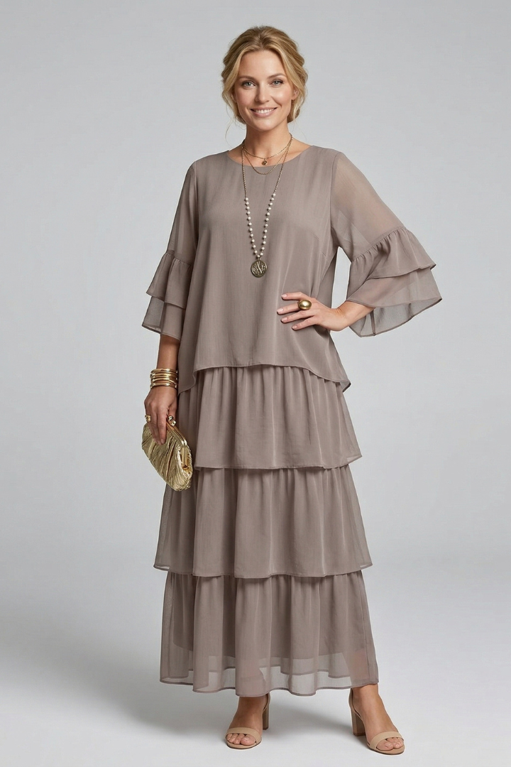 Robe Maxi Femme avec Col Rond et Jupe Superposée