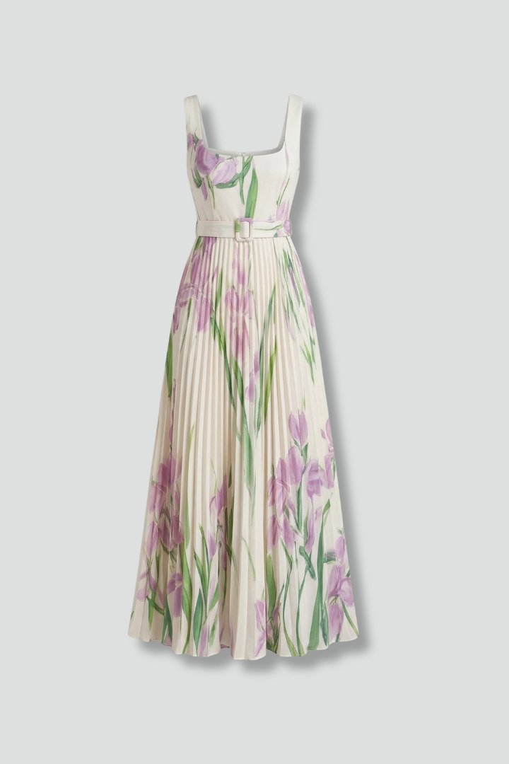 Robe Maxi Femme avec Encolure Carrée et Jupe Plissée
