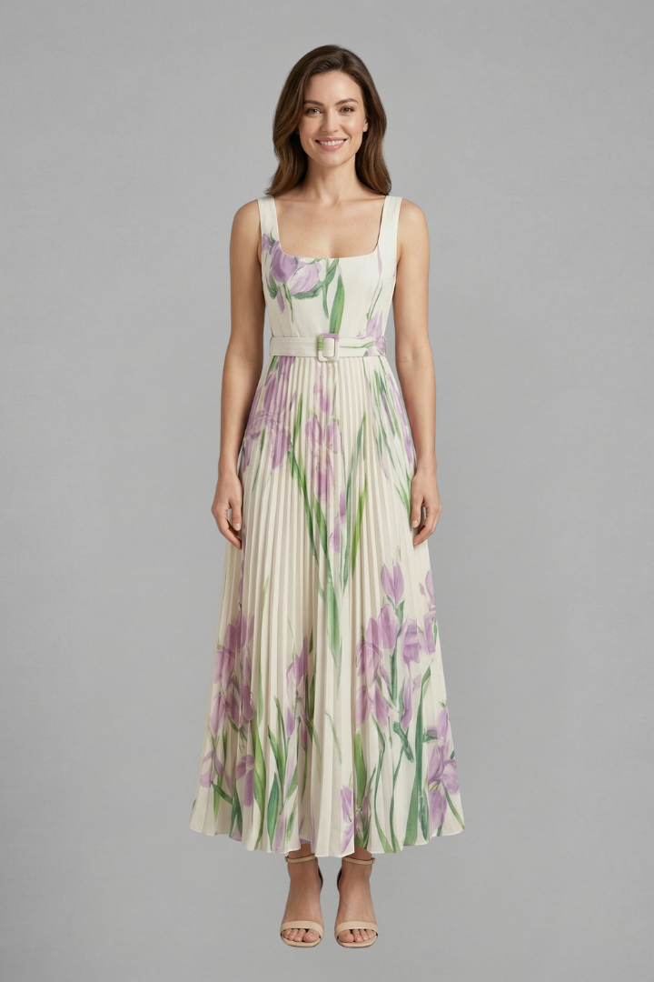 Robe Maxi Femme avec Encolure Carrée et Jupe Plissée