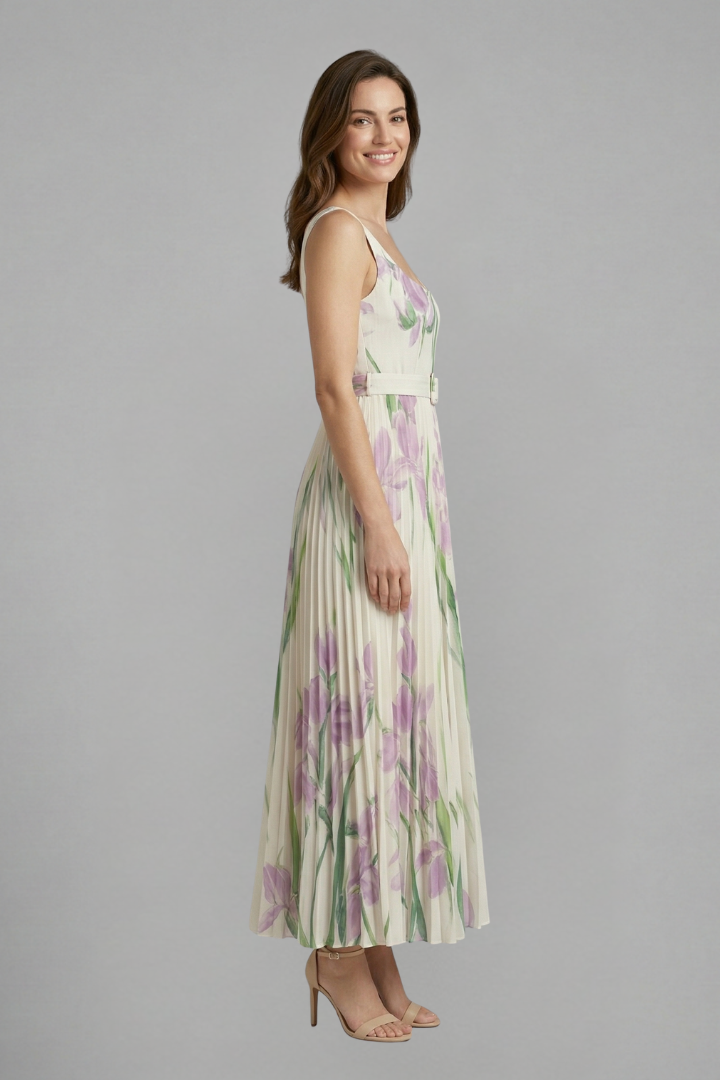 Robe Maxi Femme avec Encolure Carrée et Jupe Plissée