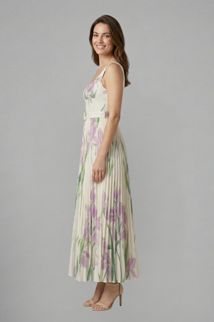 Robe Maxi Femme avec Encolure Carrée et Jupe Plissée