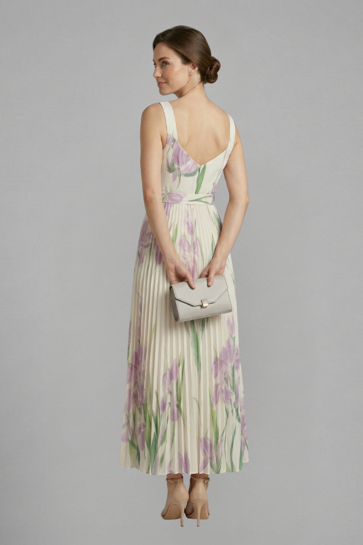 Robe Maxi Femme avec Encolure Carrée et Jupe Plissée