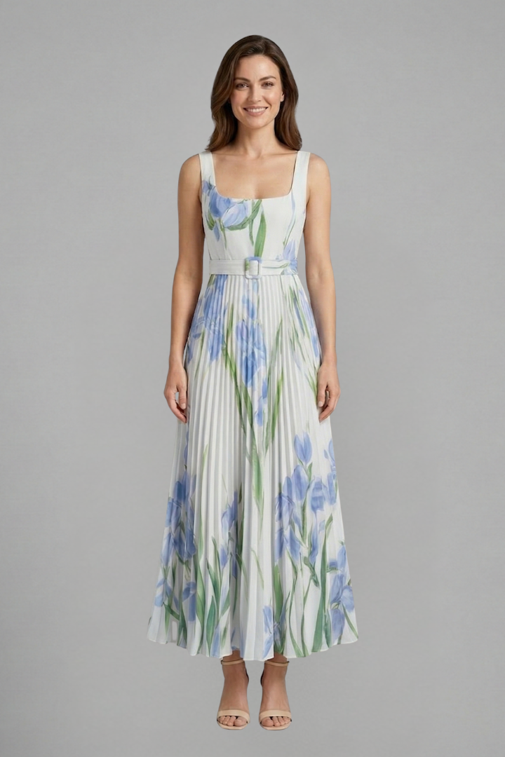Robe Maxi Femme avec Encolure Carrée et Jupe Plissée