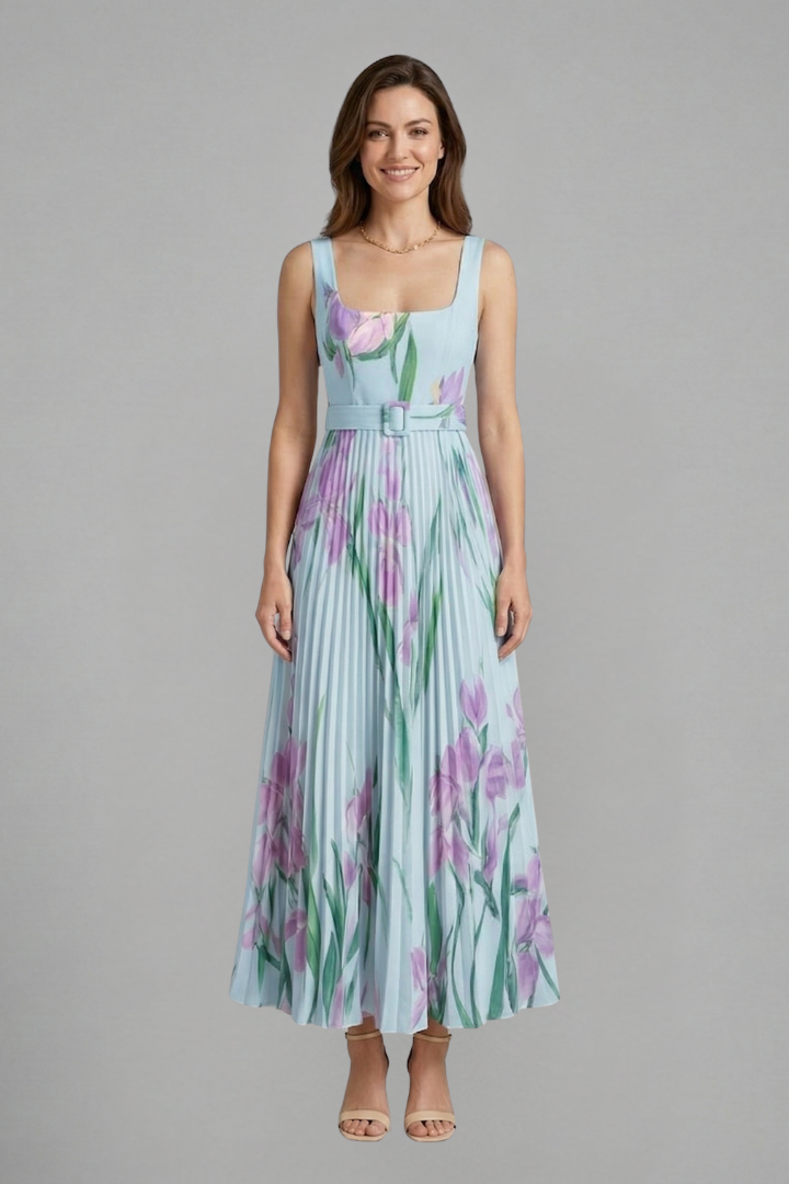 Robe Maxi Femme avec Encolure Carrée et Jupe Plissée