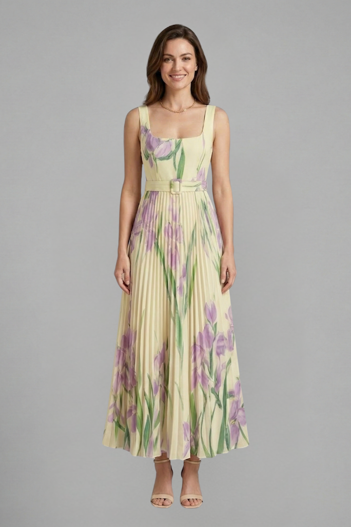 Robe Maxi Femme avec Encolure Carrée et Jupe Plissée