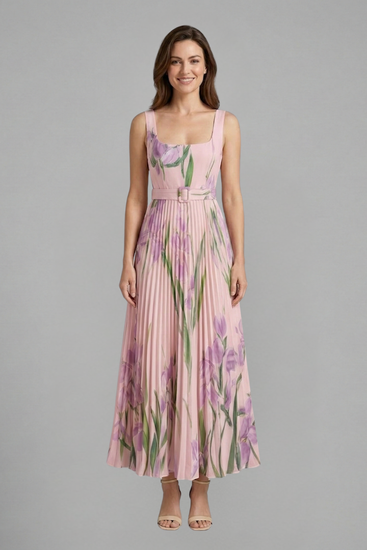 Robe Maxi Femme avec Encolure Carrée et Jupe Plissée