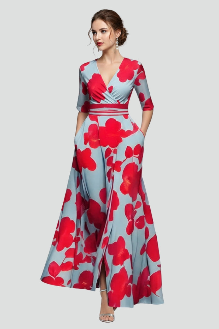Robe Maxi Femme avec Décolleté en V et Surface Imprimée