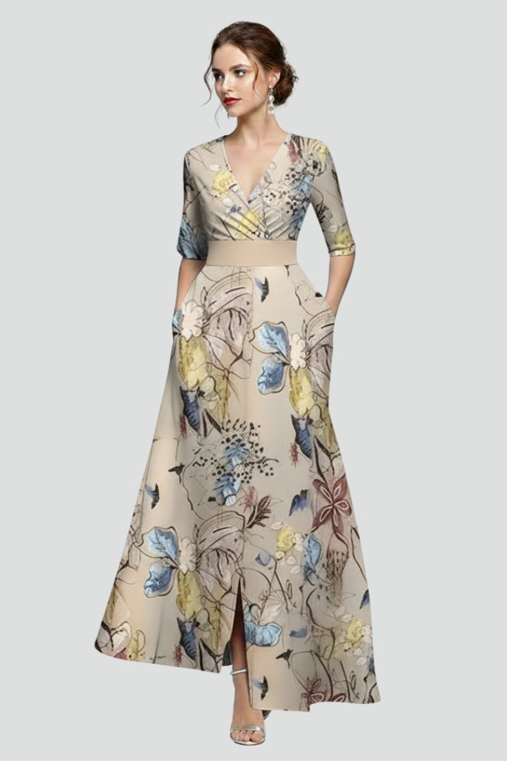 Robe Maxi Femme avec Décolleté en V et Surface Imprimée
