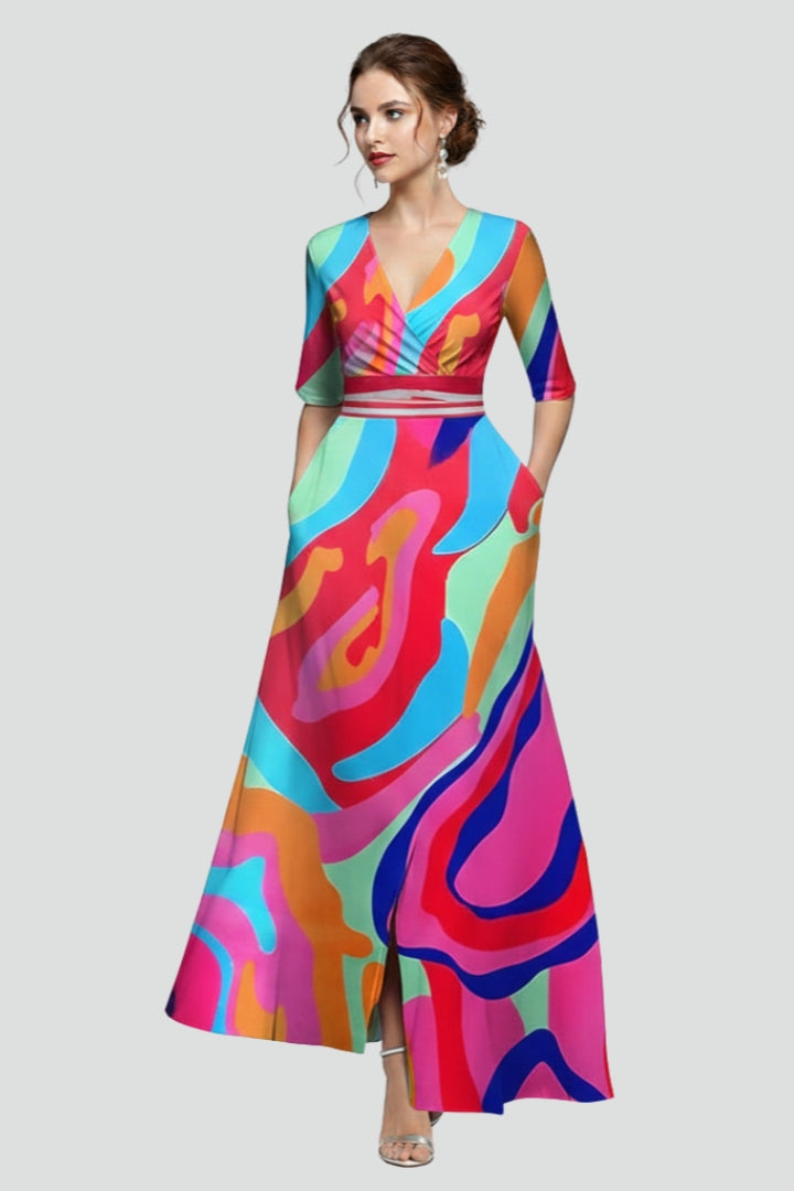 Robe Maxi Femme avec Décolleté en V et Surface Imprimée