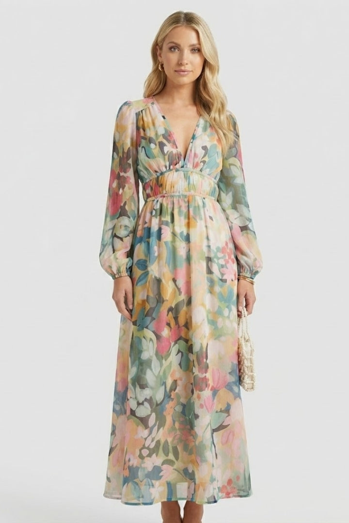 Robe Maxi Femme avec Décolleté en V et Imprimé Floral