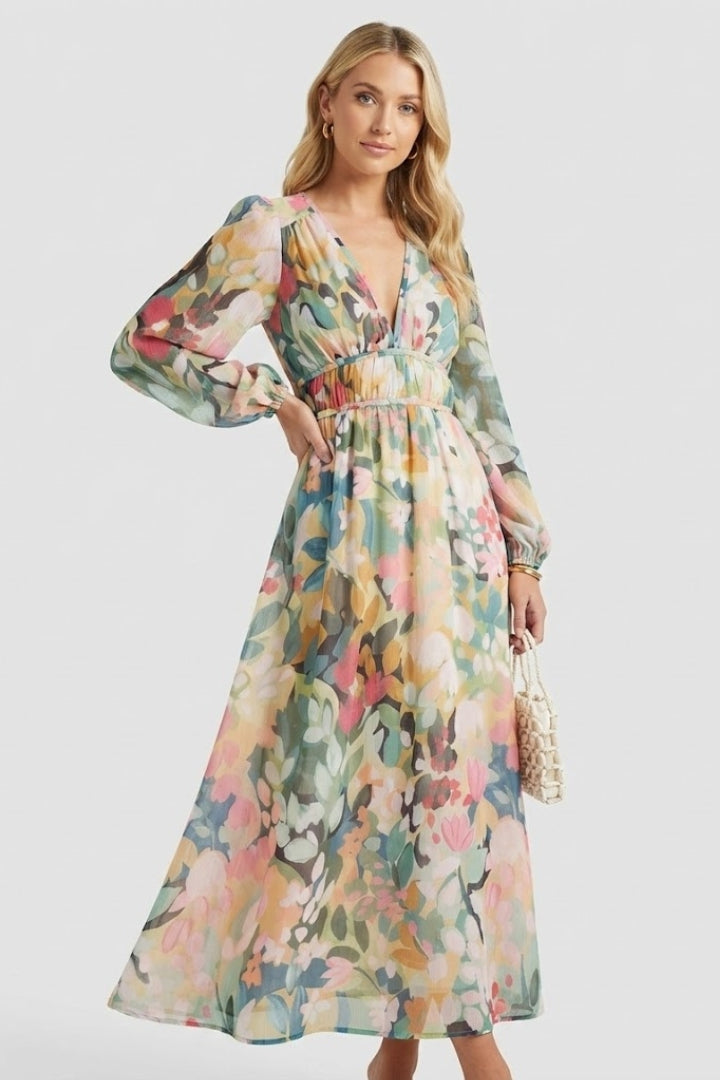 Robe Maxi Femme avec Décolleté en V et Imprimé Floral