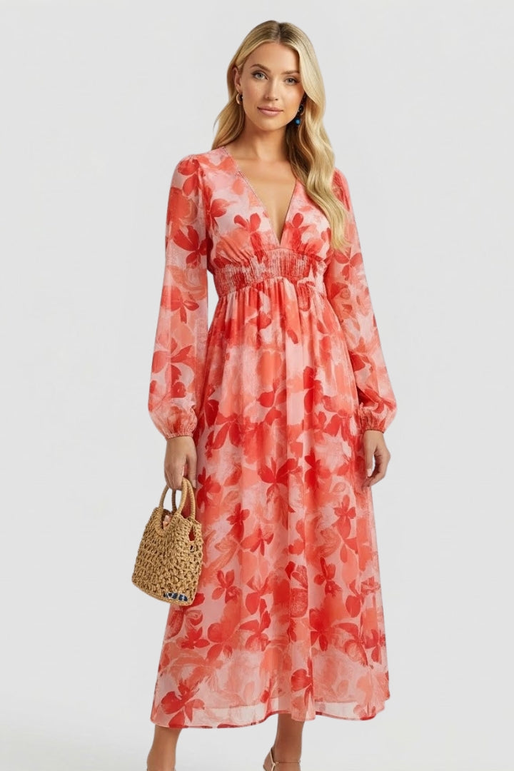 Robe Maxi Femme avec Décolleté en V et Imprimé Floral