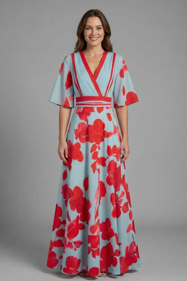 Robe Maxi Femme avec Décolleté en V et Manches