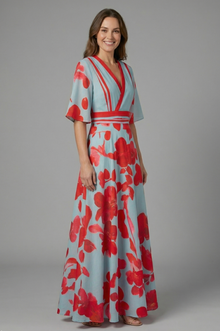 Robe Maxi Femme avec Décolleté en V et Manches