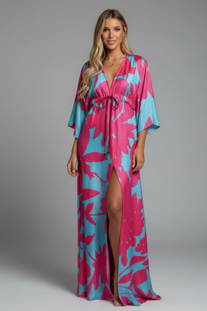 Robe Maxi Femme avec Décolleté en V et Taille À Nouer
