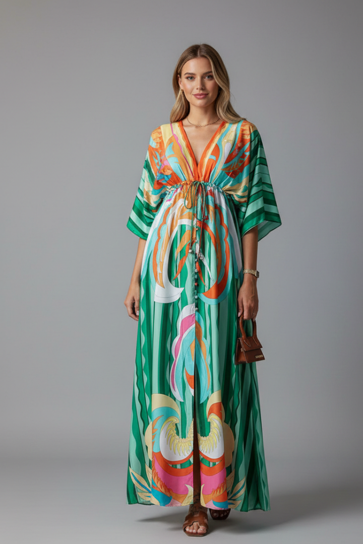 Robe Maxi Femme avec Décolleté en V et Taille À Nouer