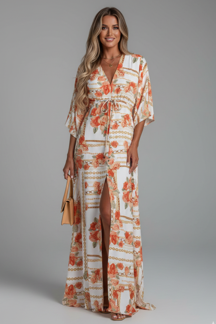 Robe Maxi Femme avec Décolleté en V et Taille À Nouer