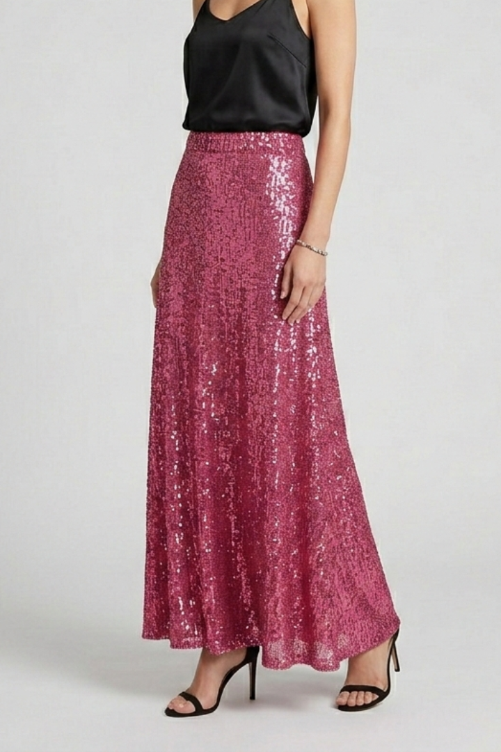 Jupe Maxi Femme avec Taille Élastique et Surface en Sequins