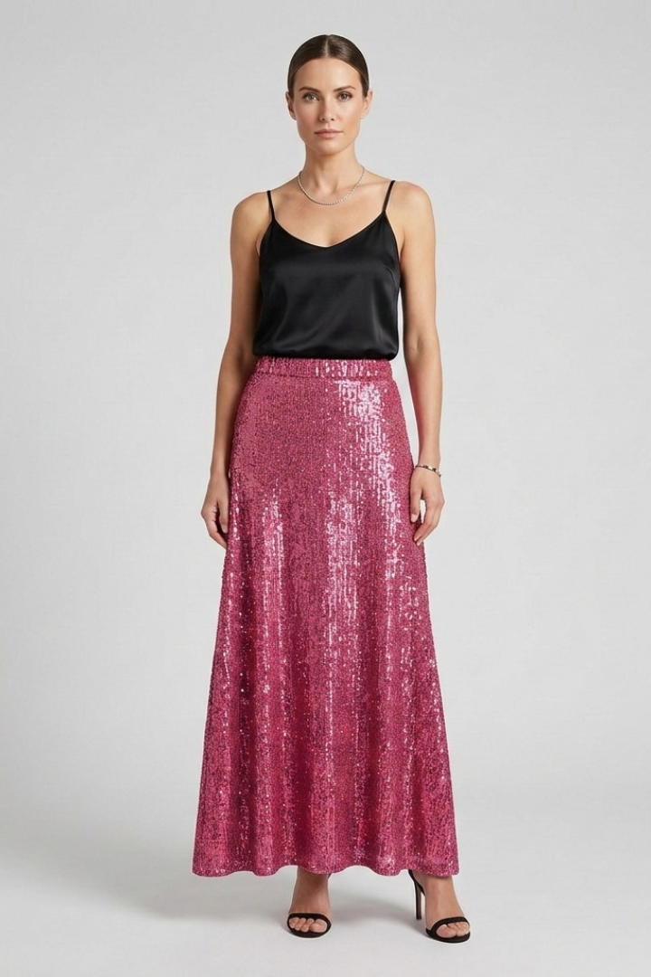 Jupe Maxi Femme avec Taille Élastique et Surface en Sequins