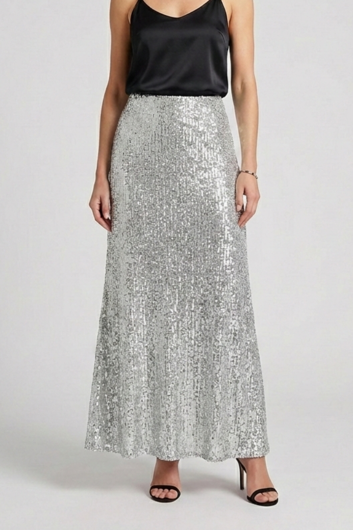 Jupe Maxi Femme avec Taille Élastique et Surface en Sequins