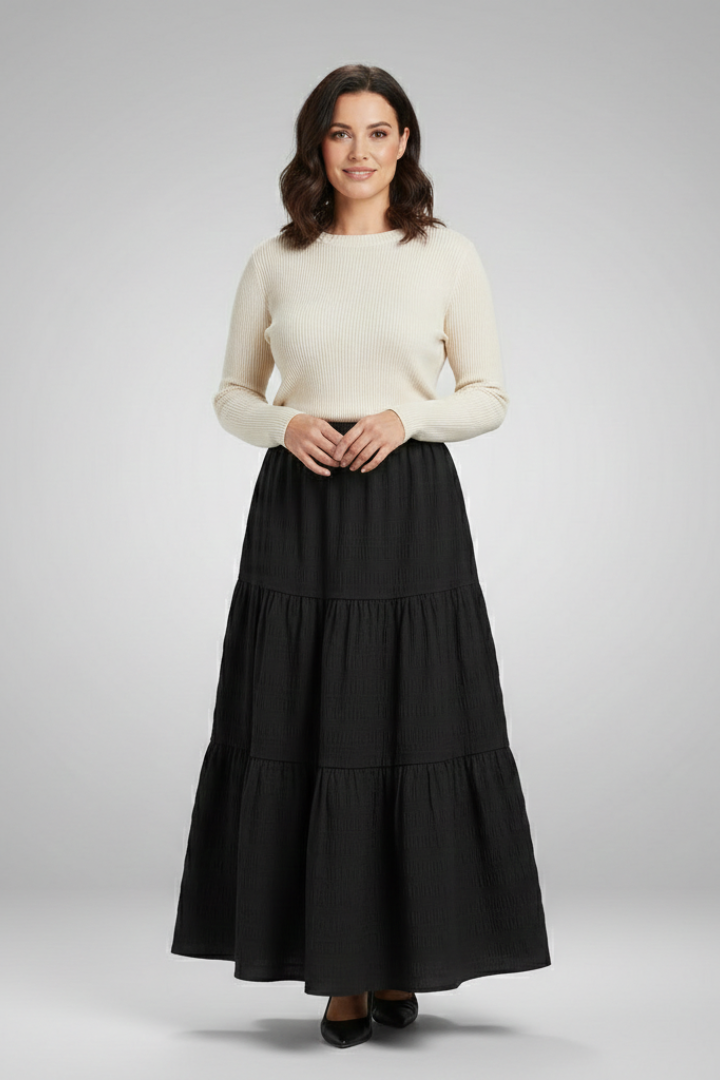 Jupe Maxi Femme avec Taille Élastique et Panneaux Superposés