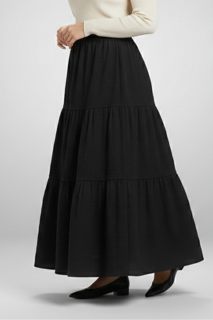 Jupe Maxi Femme avec Taille Élastique et Panneaux Superposés