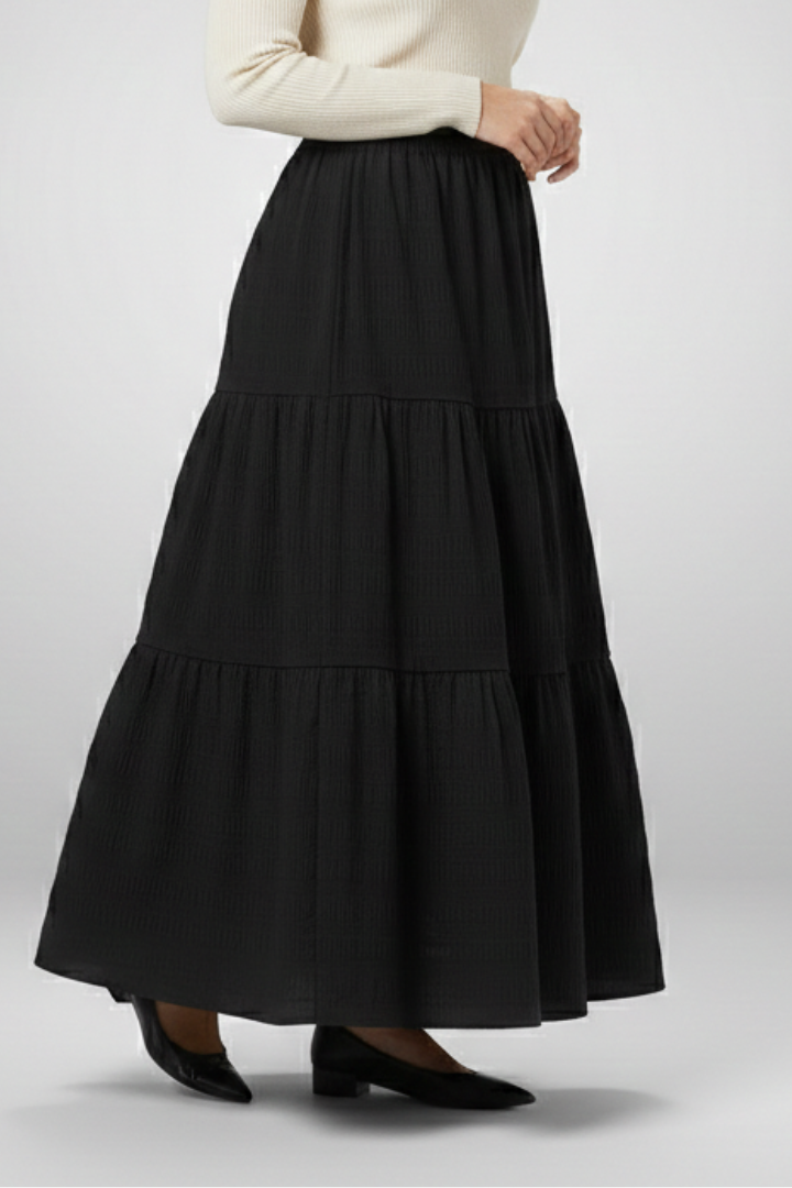Jupe Maxi Femme avec Taille Élastique et Panneaux Superposés