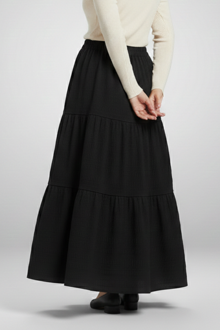 Jupe Maxi Femme avec Taille Élastique et Panneaux Superposés