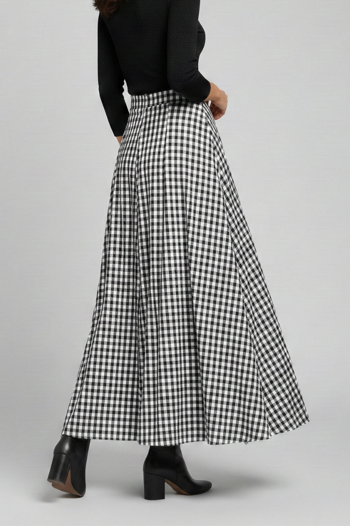 Jupe Maxi Femme avec Taille Haute et Motif à Carreaux