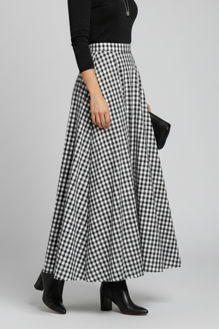 Jupe Maxi Femme avec Taille Haute et Motif à Carreaux