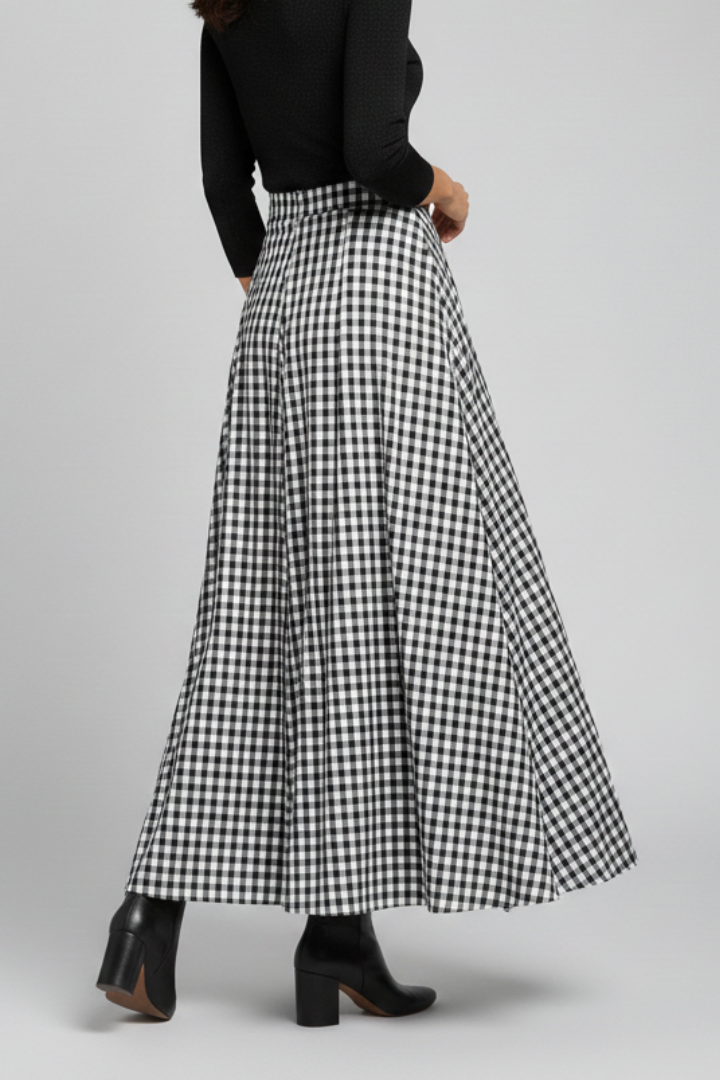 Jupe Maxi Femme avec Taille Haute et Motif à Carreaux