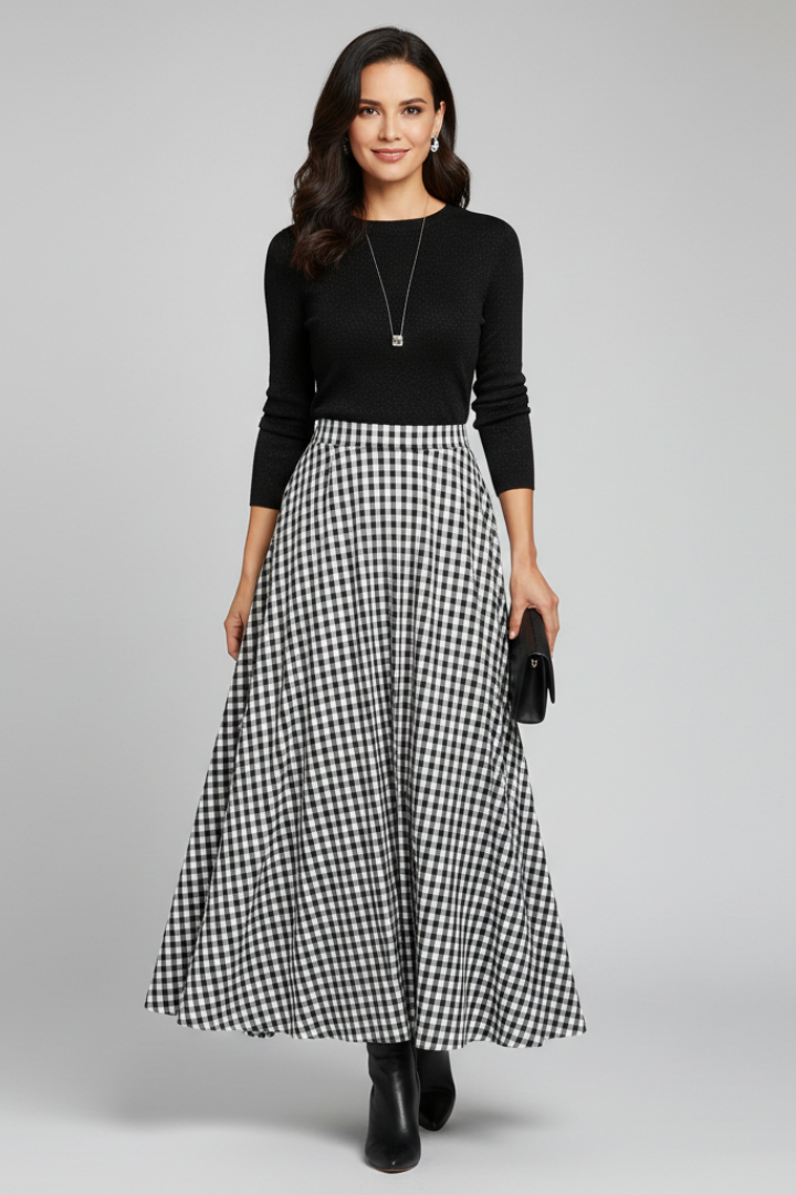 Jupe Maxi Femme avec Taille Haute et Motif à Carreaux