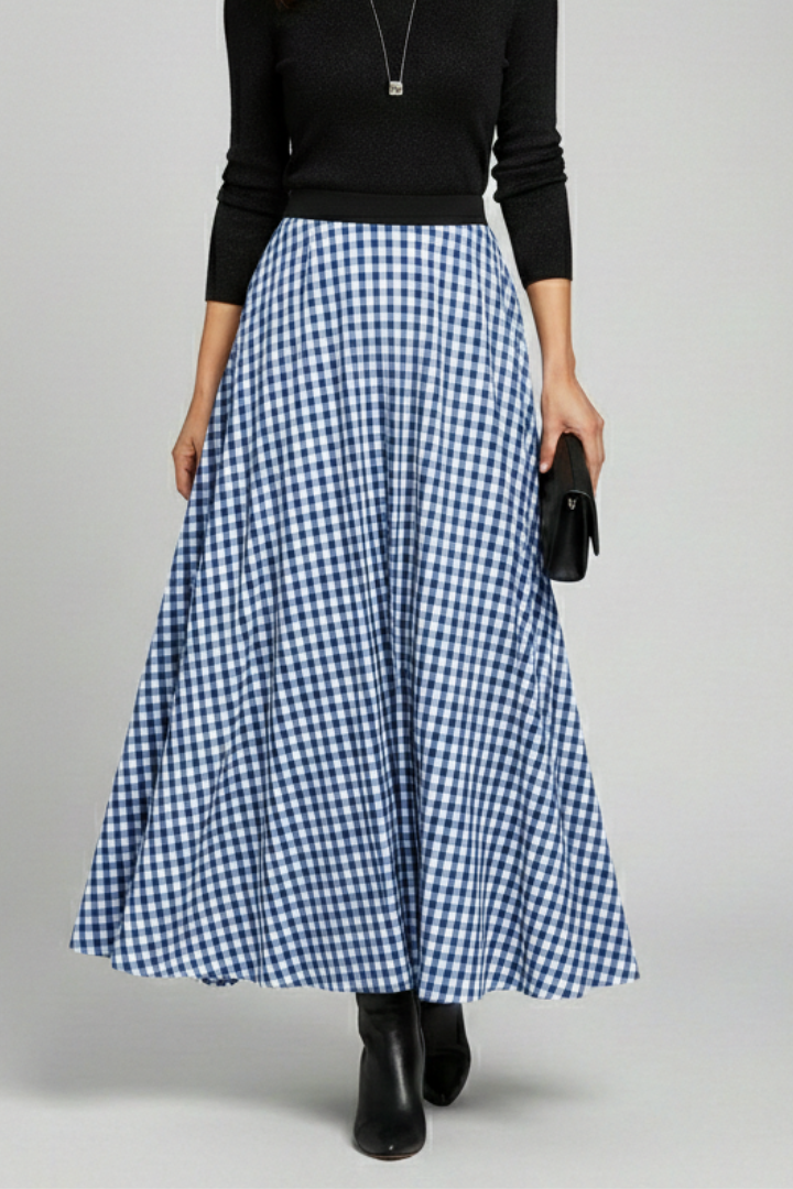 Jupe Maxi Femme avec Taille Haute et Motif à Carreaux