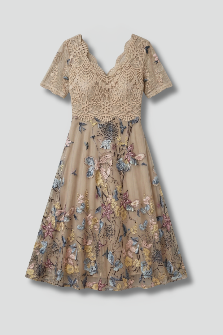 Robe Midi Femme avec Détails en Dentelle et Décolleté en V
