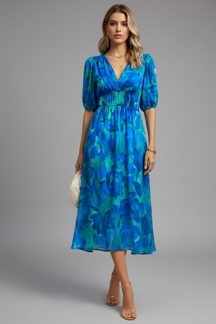 Robe Midi Femme avec Manches Bouffantes et Imprimé Floral