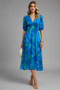 Robe Midi Femme avec Manches Bouffantes et Imprimé Floral