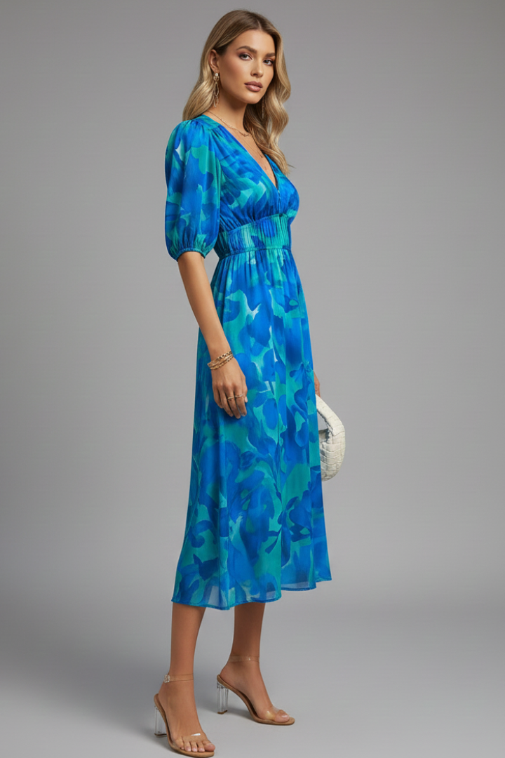 Robe Midi Femme avec Manches Bouffantes et Imprimé Floral