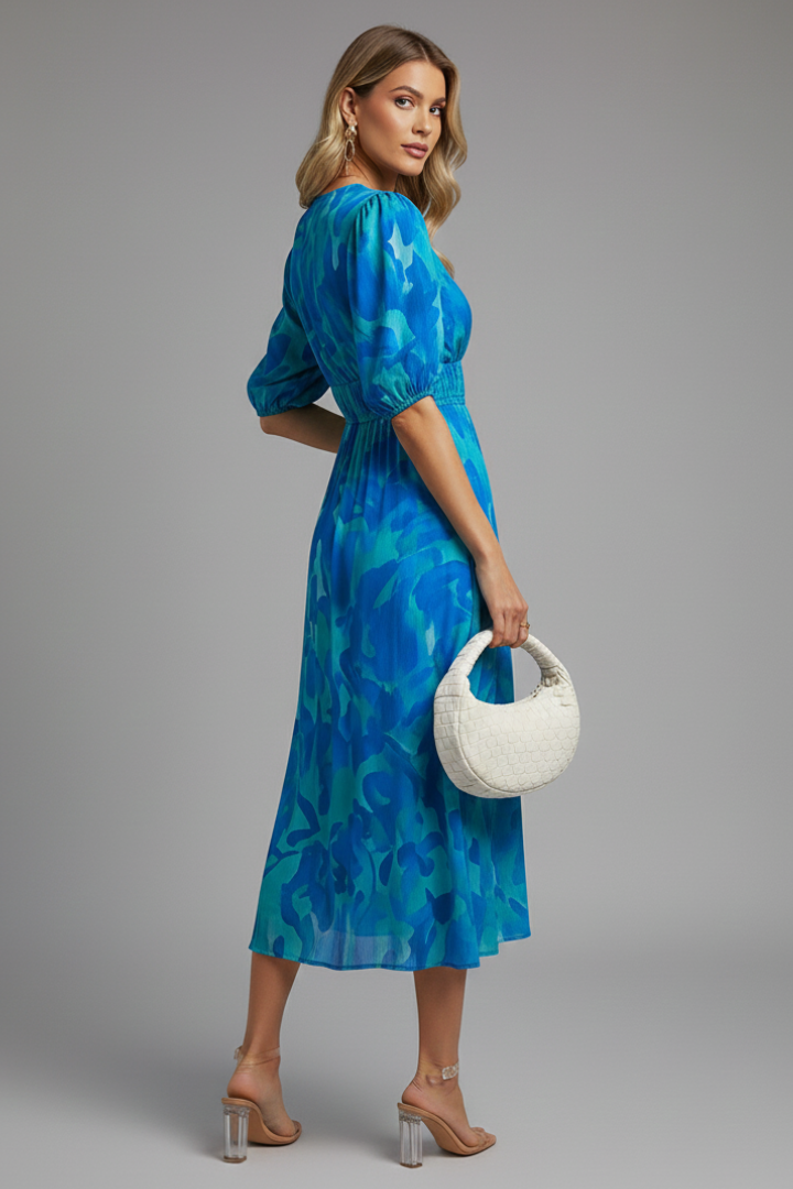 Robe Midi Femme avec Manches Bouffantes et Imprimé Floral
